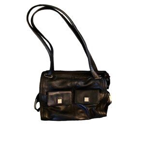 Black Leather Handbag Liz Claiborne Multi Compartment Shoulder Straps  BTB